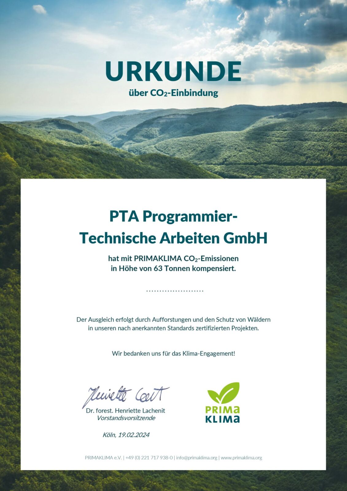 Urkunde über CO2-Einbindung der PTA IT-Beratung ausgestellt von PrimaKlima.